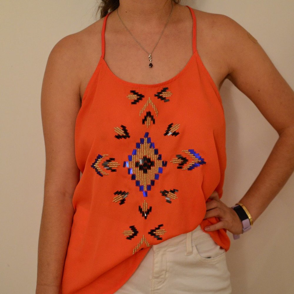 Patterned sunset tank w open back